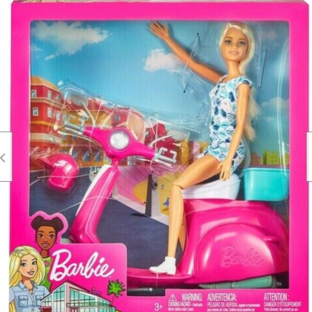 Mattel Barbie Doll & Pink Scooter New In Box
